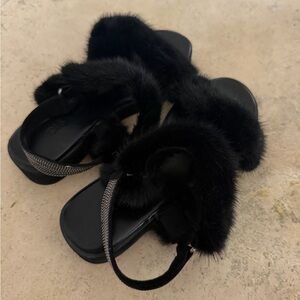 BRUNELLO CUCINELLI style Elegant Black Fur Women Sandals